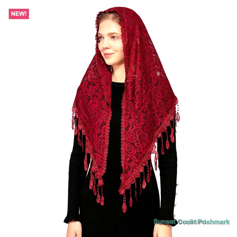 Lace Triangle Mantilla Veil with Fringe Trim for Church